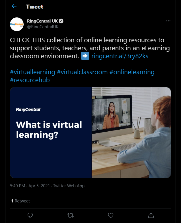 Tweet from Ring Central UK about virtual learning.