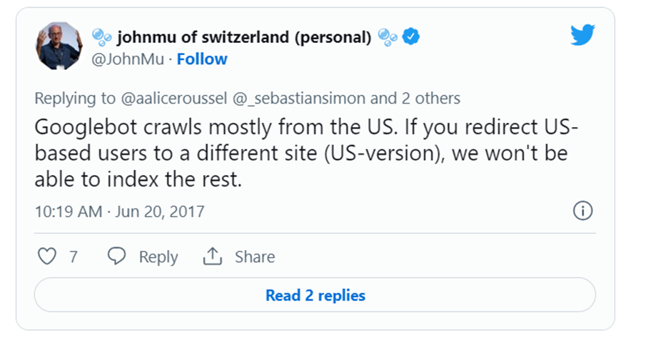 Screenshot of tweet from John Mueller explaining that Googlebot crawls mostly from the US.