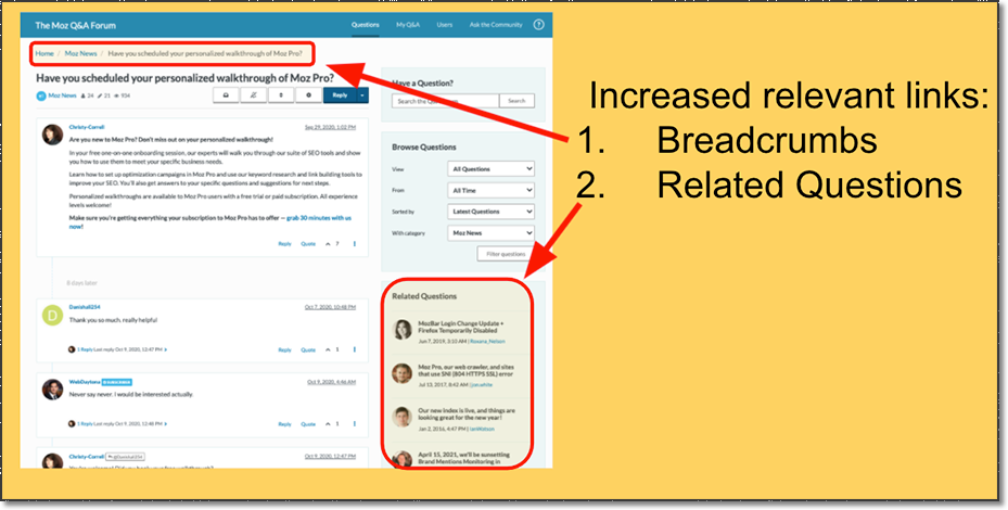 Breadcrumbs and related questions in the Moz Q&A forum.