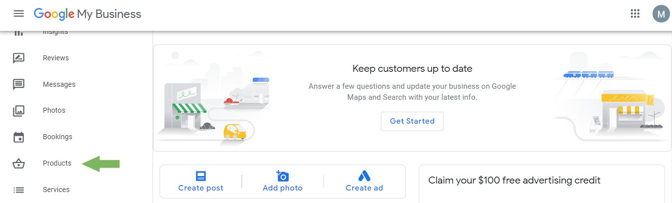 Green arrow pointing at the Products section of Google My Business.