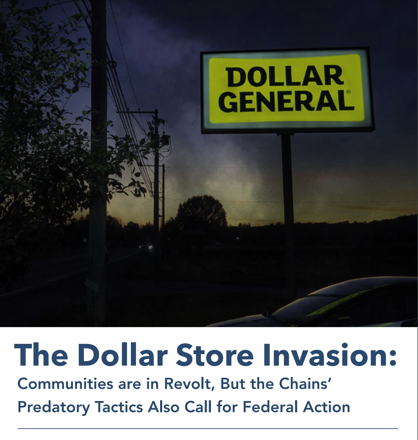 Screenshot of major report from the Institute of Local Self Reliance on the negative impacts of dollar stores.