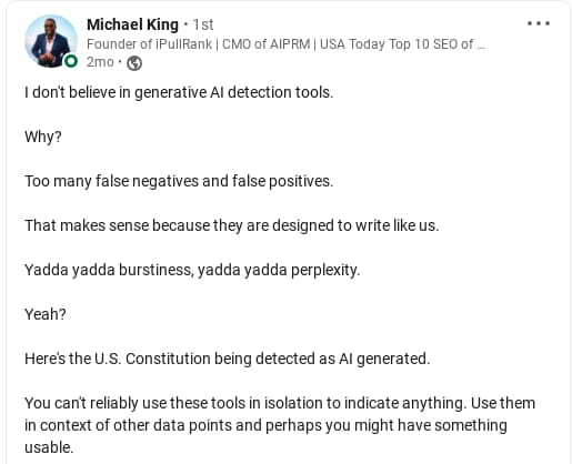 LinkedIn screenshot of a quote on AI generative tool inaccuracy.
