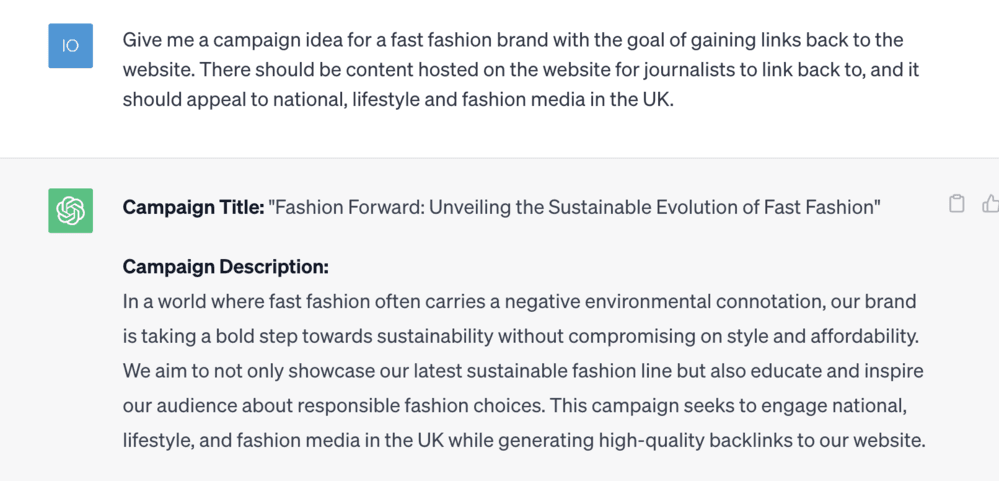 A screenshot of ChatGPT's response when asked to come up with an idea for a fast fashion brand.