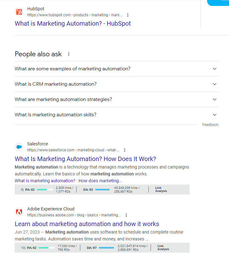 US SERP for the keyword "marketing automation" using MozBar
