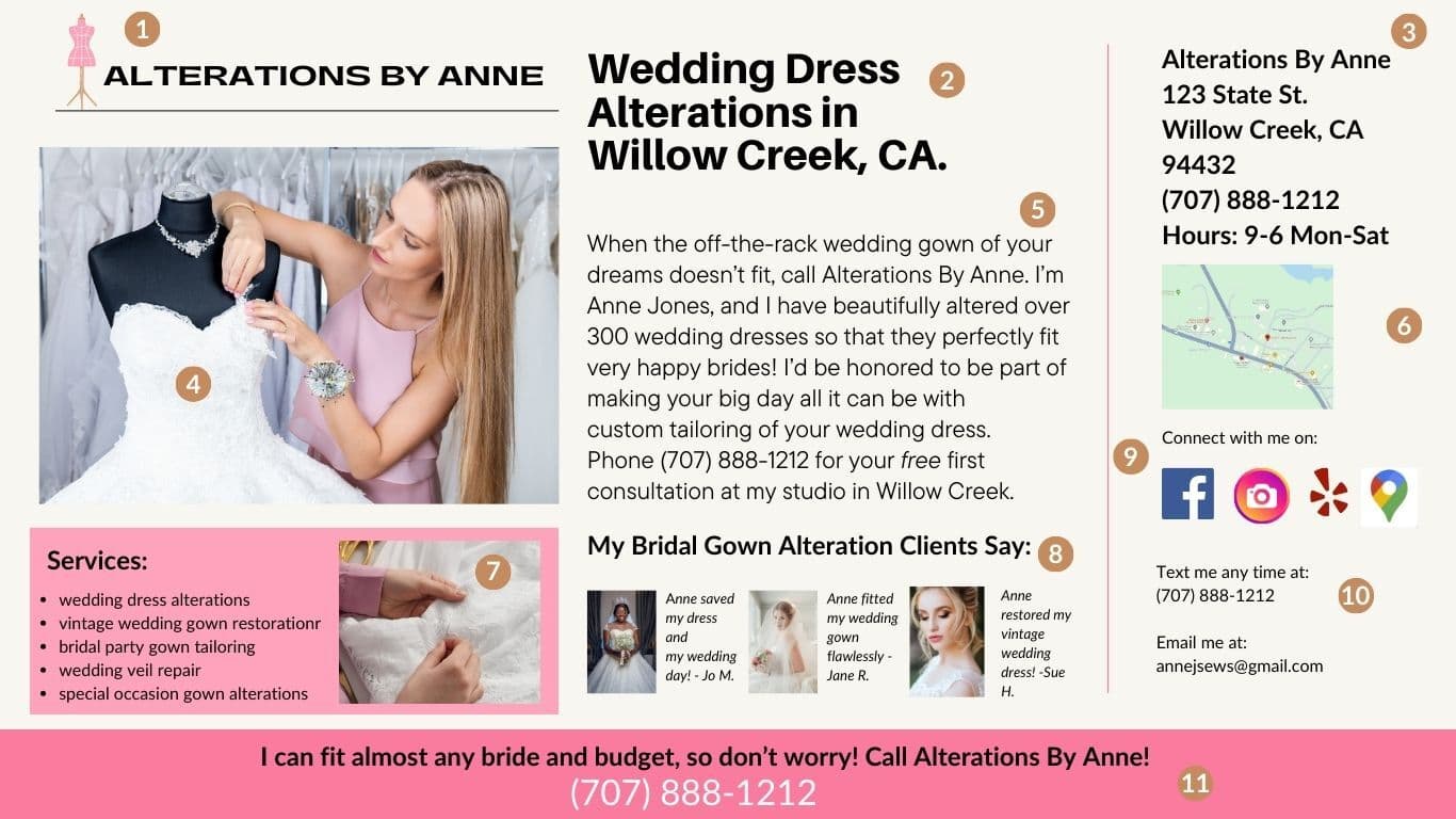 An example of a one-page website for an clothing alteration business.