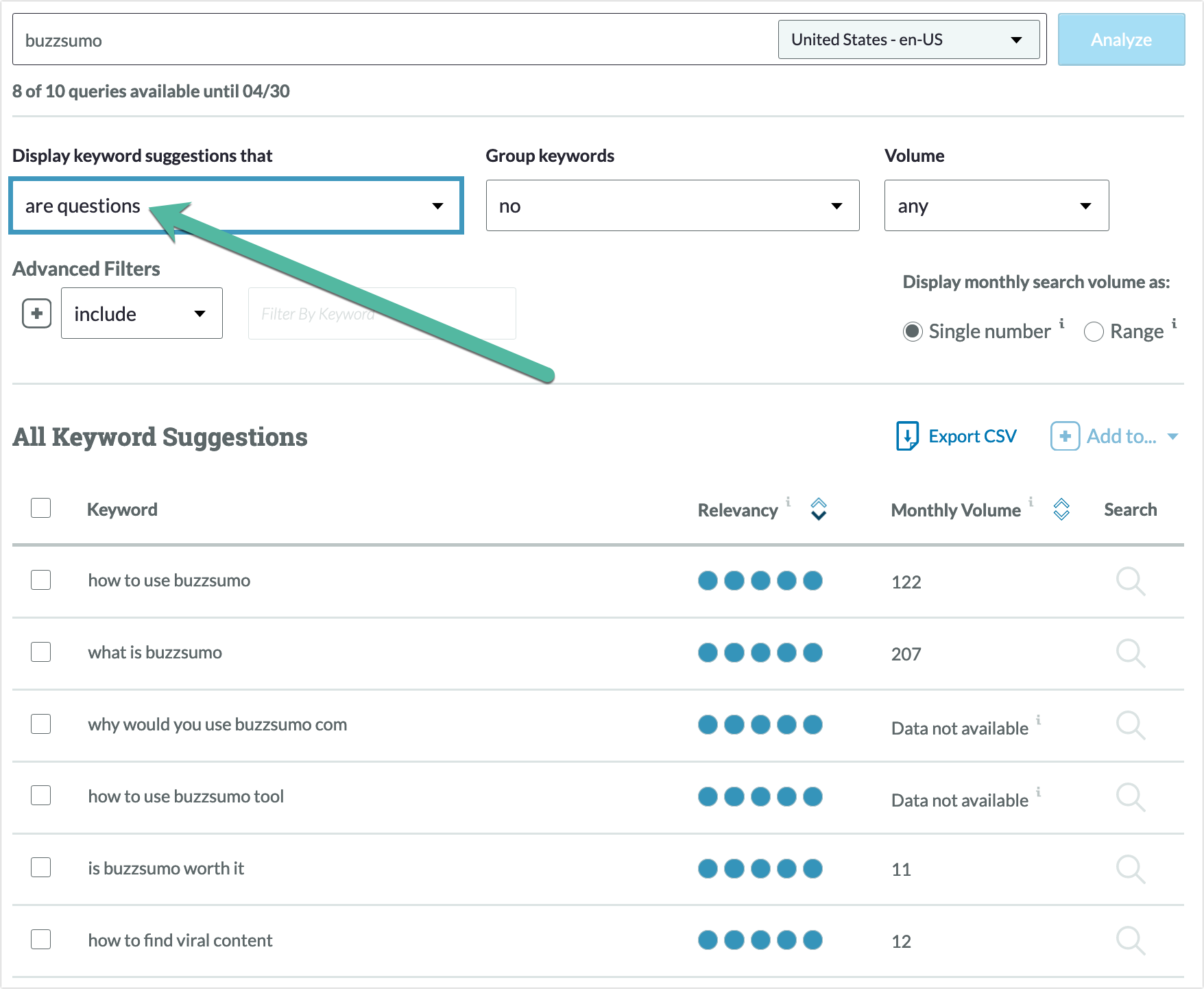 Screenshot of Moz Pro keyword explorer list for Buzzsumo.