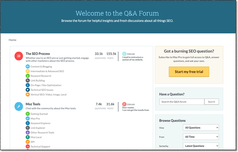 Screenshot of the Moz Q&A forum.