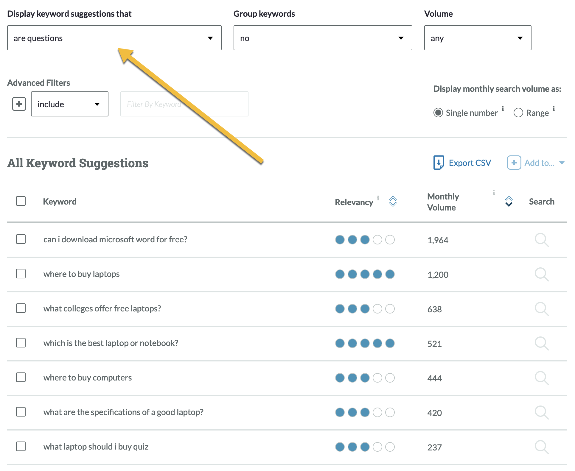 Moz’s keyword research tool: Question filter