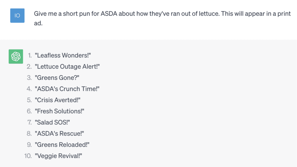 A screenshot of ChatGPT's response when asked to make up a short pun for ASDA.