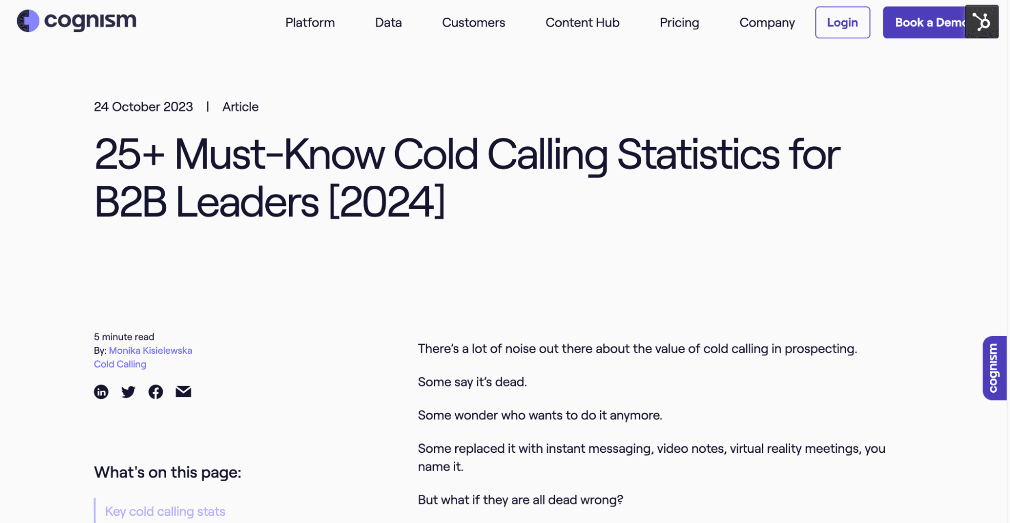 Cognism's cold calling statistics page, an example of linkable content