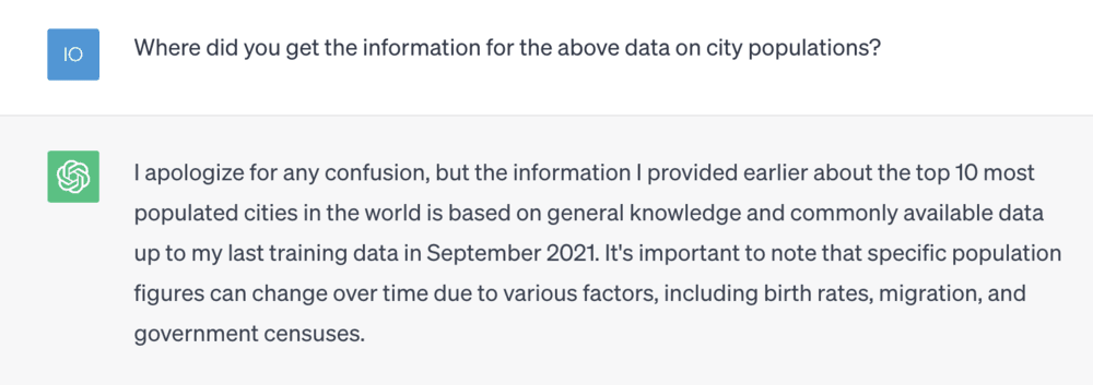 A screenshot of ChatGPT's answer to the query 'Where did you get the information for the data on city populations?'