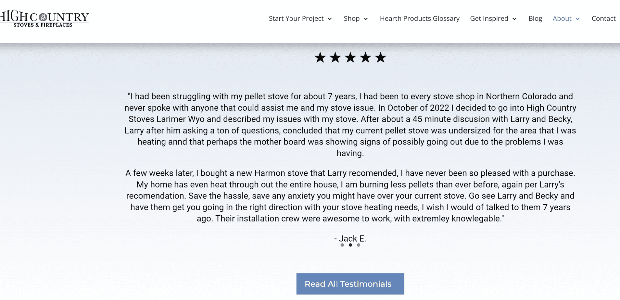 A hearth sales company showcases written testimonials from customers.