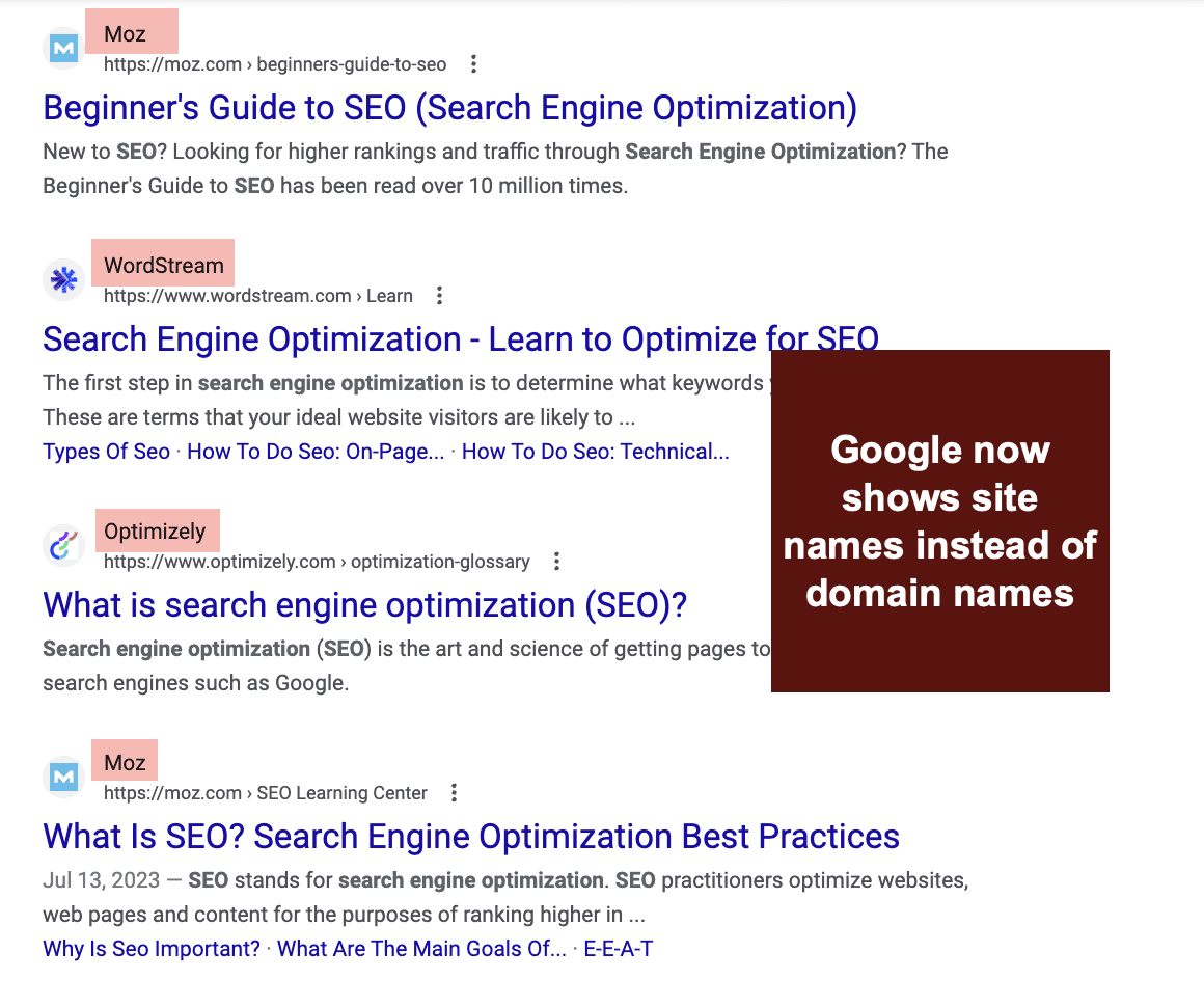 Site names in search