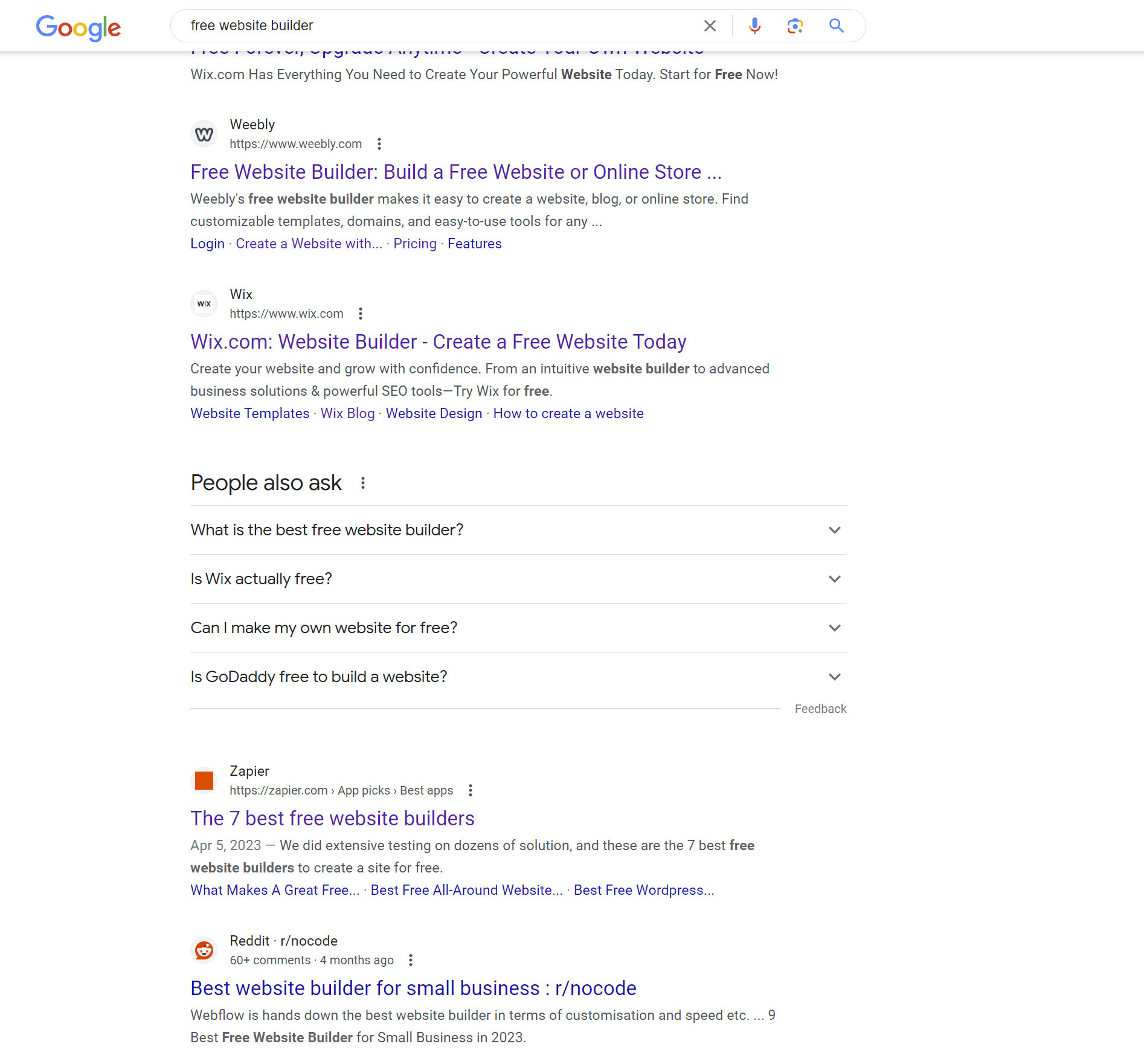 SERP results for the keyword 'free website builder'