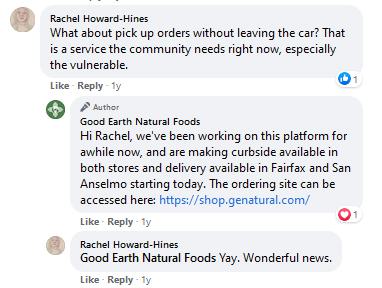 Good Earth Natural Foods interacting with their community in Facebook comments.