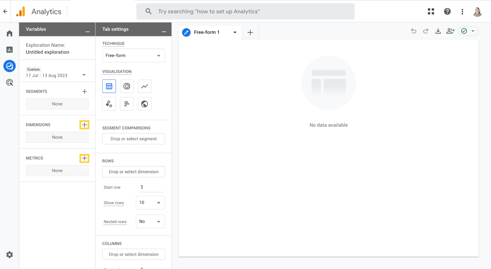w='738' h='405' Screenshot of a new blank Exploration table in GA4