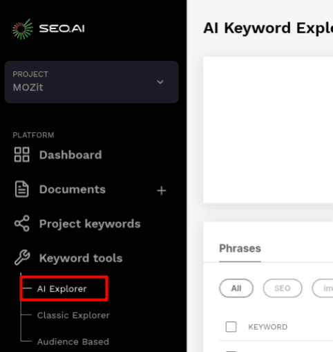 Where to find the AI Explorer in the SEO.ai tool interface