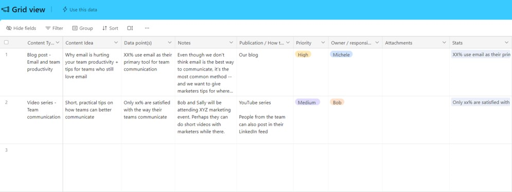 An image of an idea tracker built in Airtable.