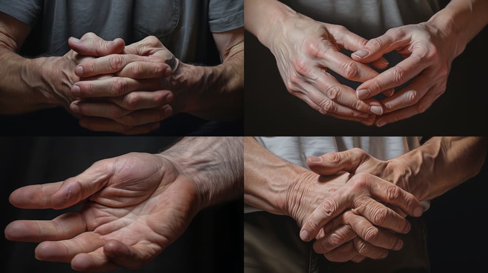 A grid of four images created with Midjourney that show hyper realistic hands clasped together. Some of the hands don't look natural, with additional fingers or unnatural shapes.