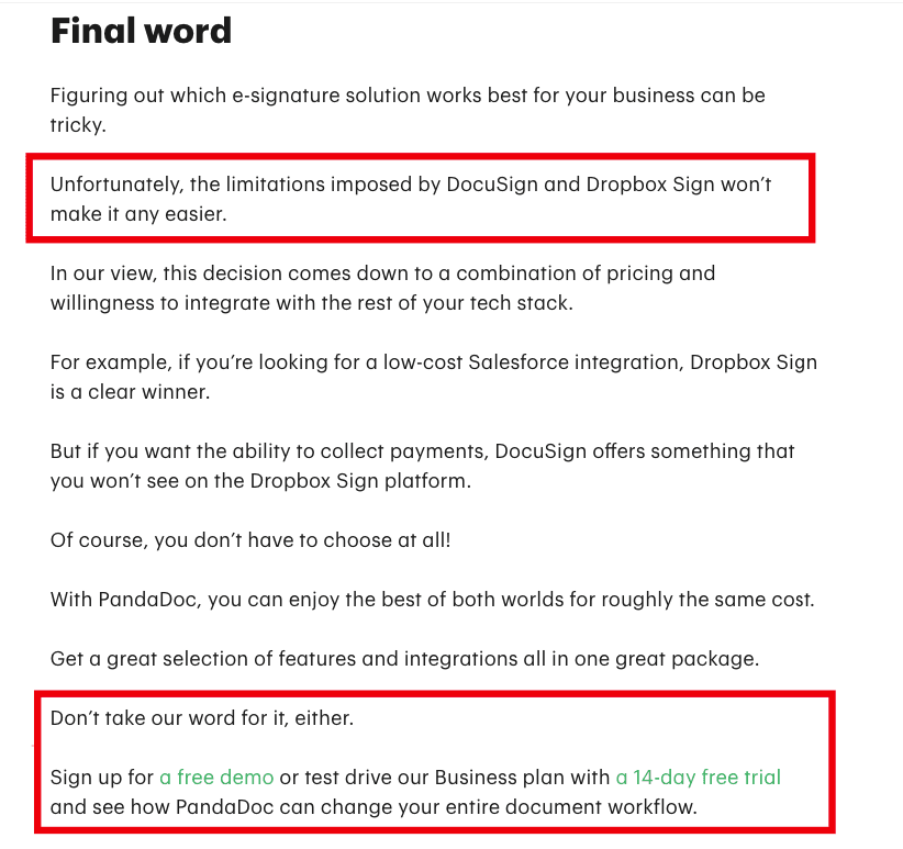 PandaDoc's conclusion with a free trial offer