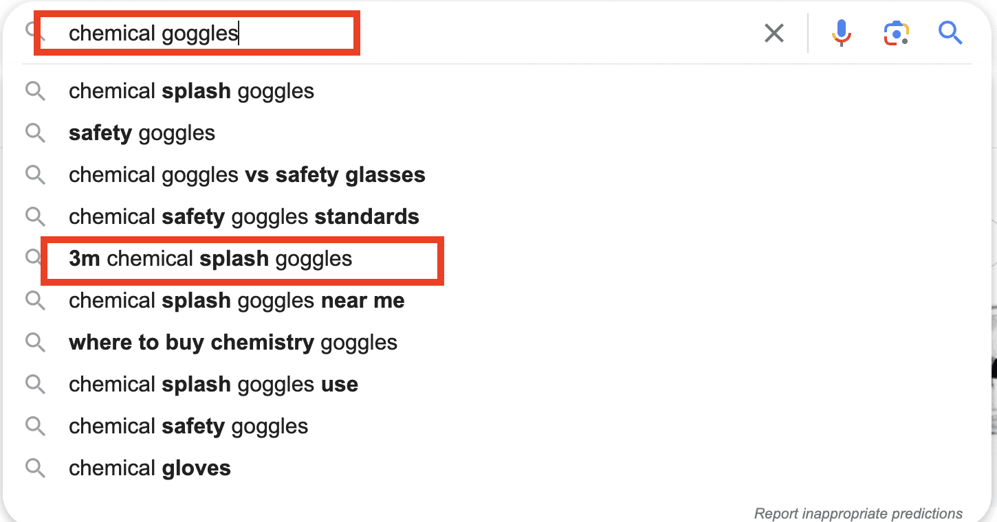 A screenshot of the search results for chemical goggles