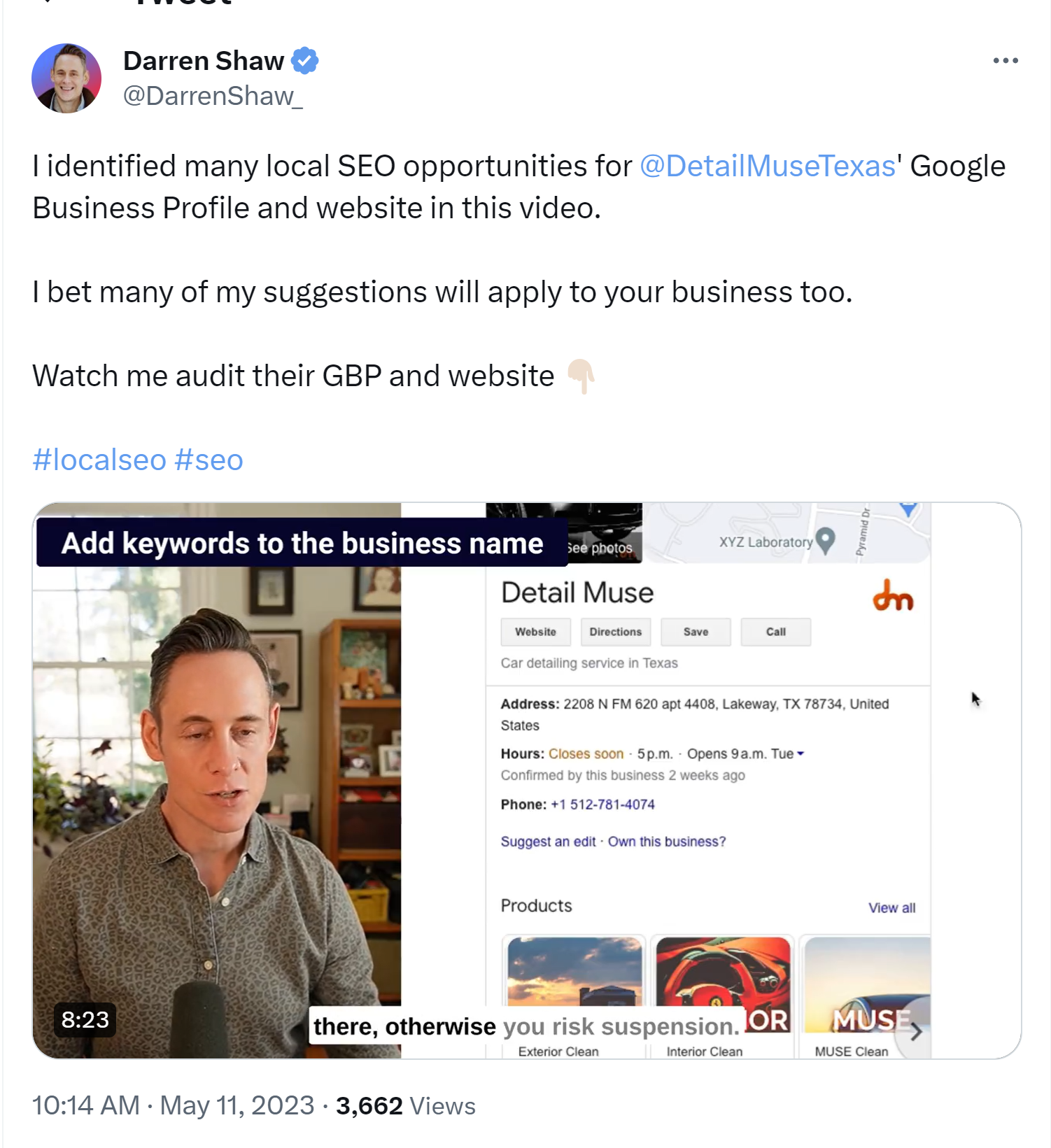 screenshot of a video uploaded to Twitter in which Darren Shaw performs a short local business audit