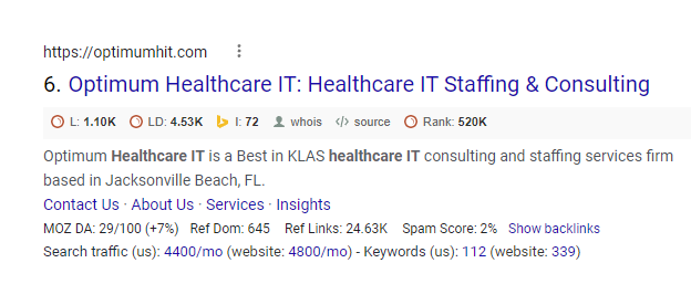 Screenshot showing consulting search intent for the keyword 'healthcare IT'