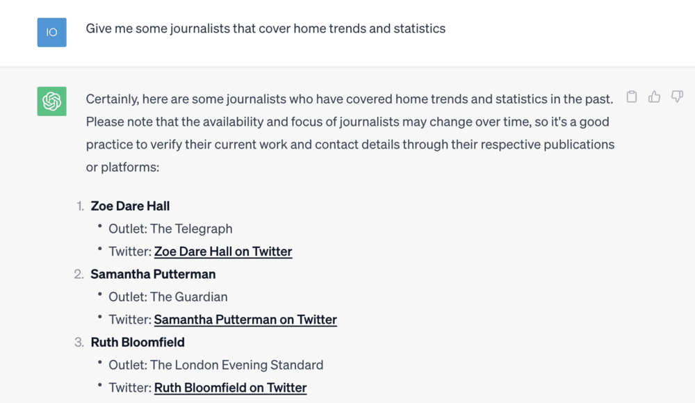 A screenshot of ChatGPT's answer to the prompt 'Give me some journalists that cover home trends and statistics'