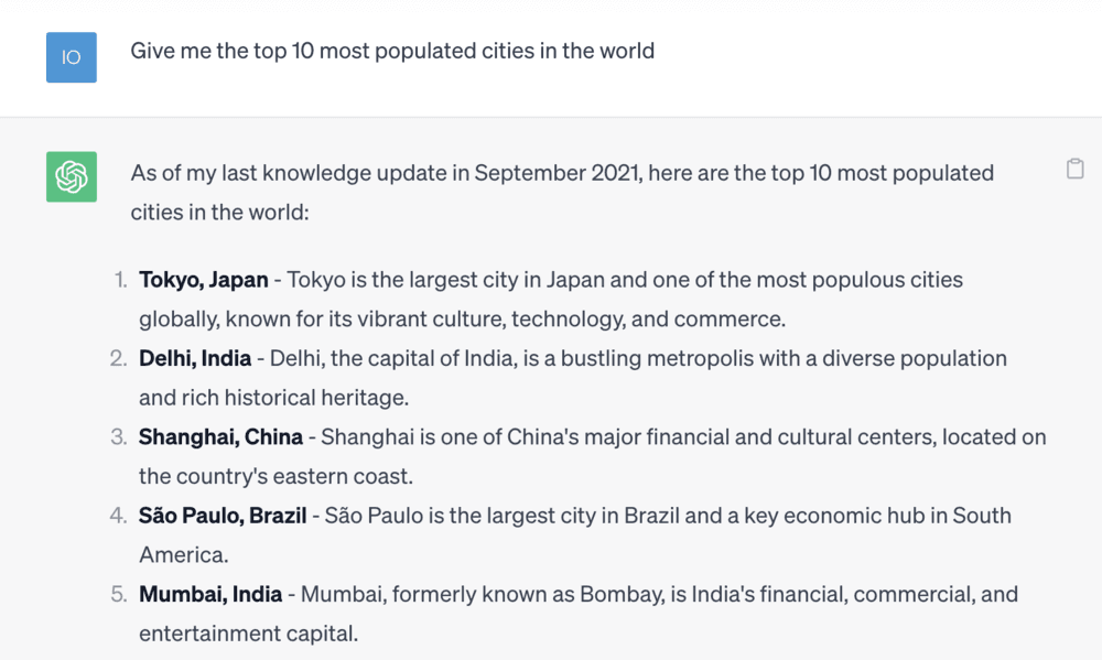 A screenshot of ChatGPT's answer to the query 'Give me the top 10 most populated cities in the world'.