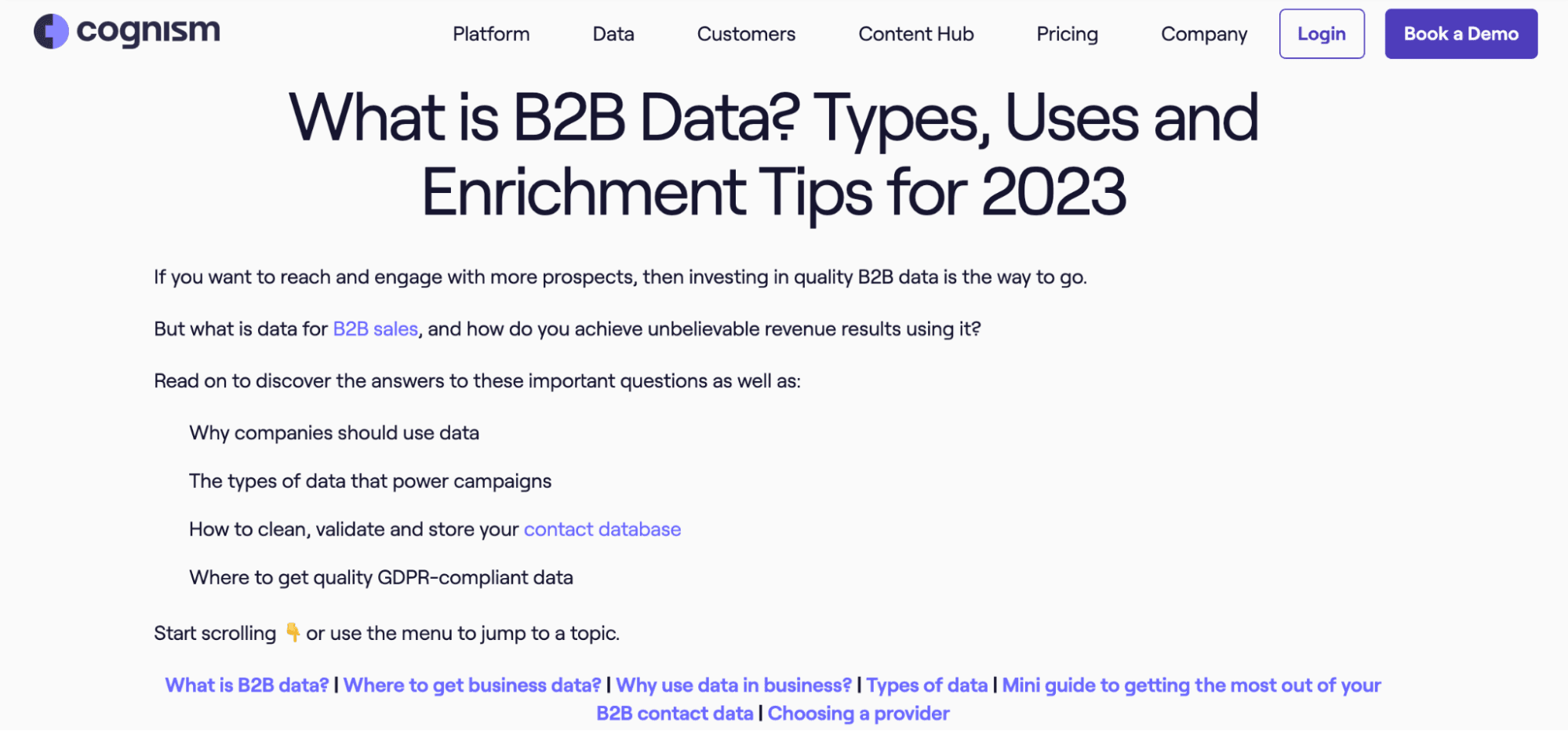 Cognism's B2B Data money keyword page before it was optimized for conversions