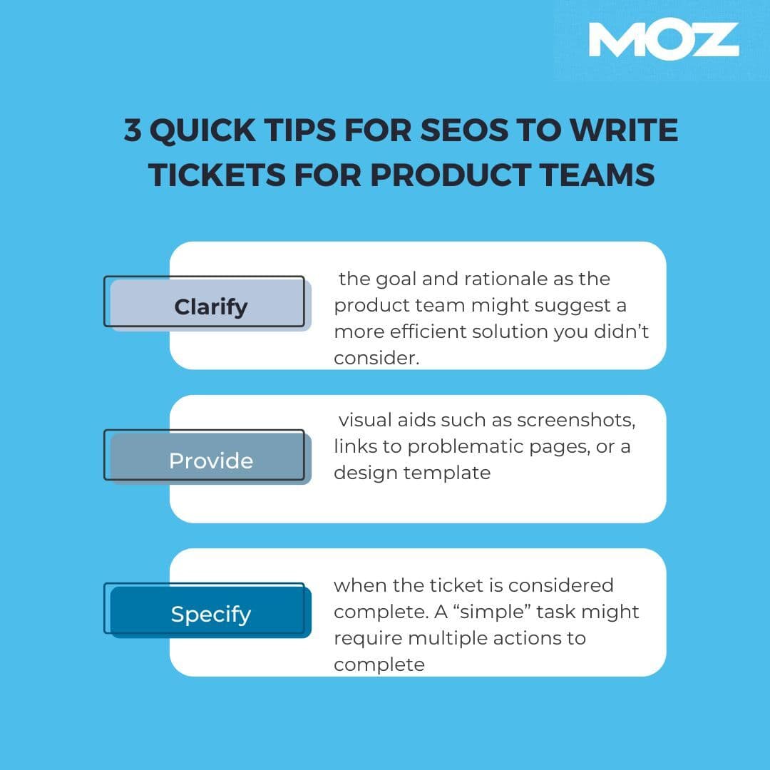quick tips for SEOs to write tickets for product teams