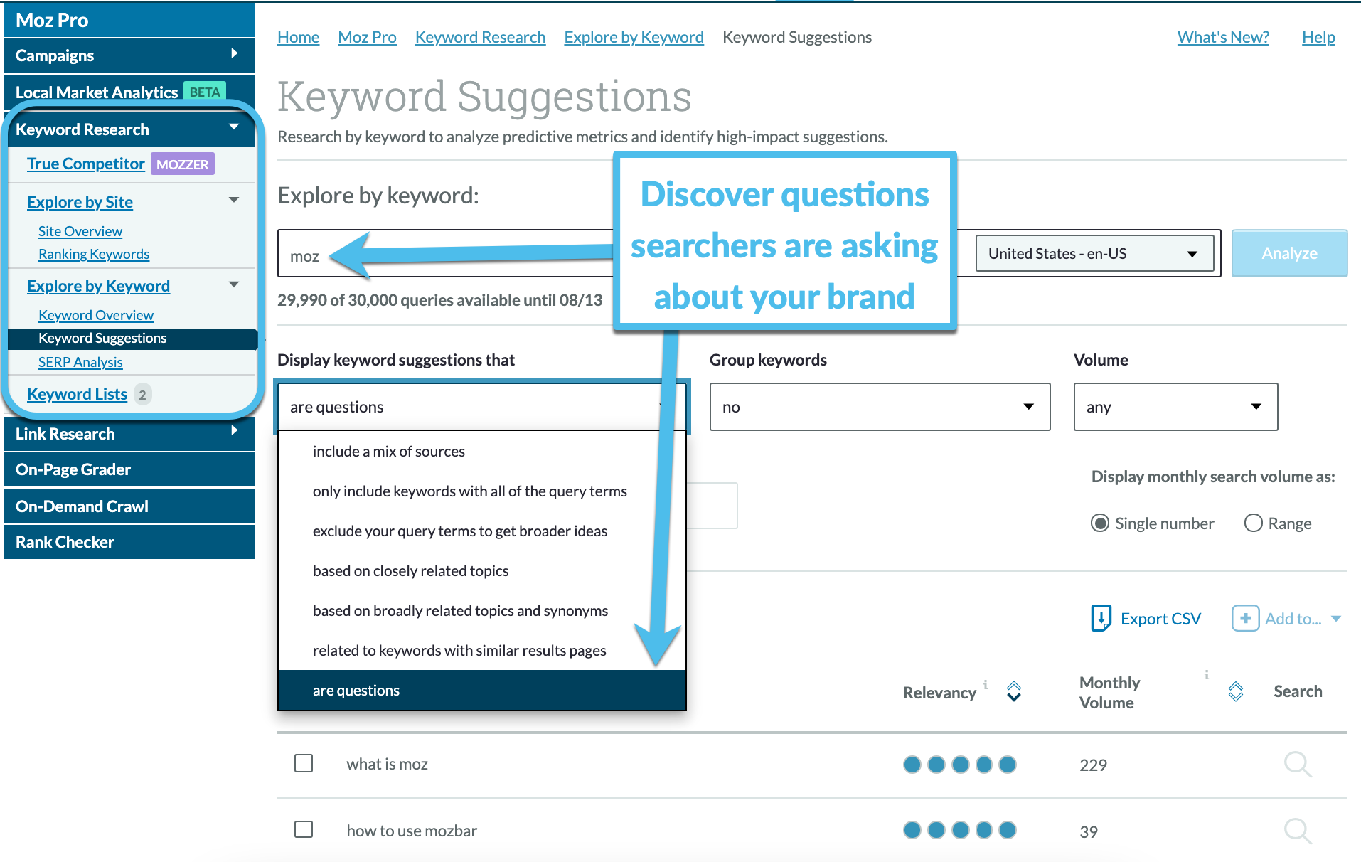 Screenshot of Keyword Suggestions section of Keyword Explorer