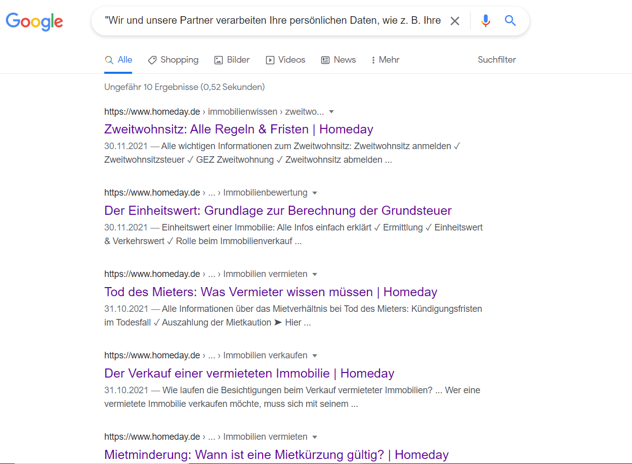 A site search confirmed that the cookie consent was indexed by Google
