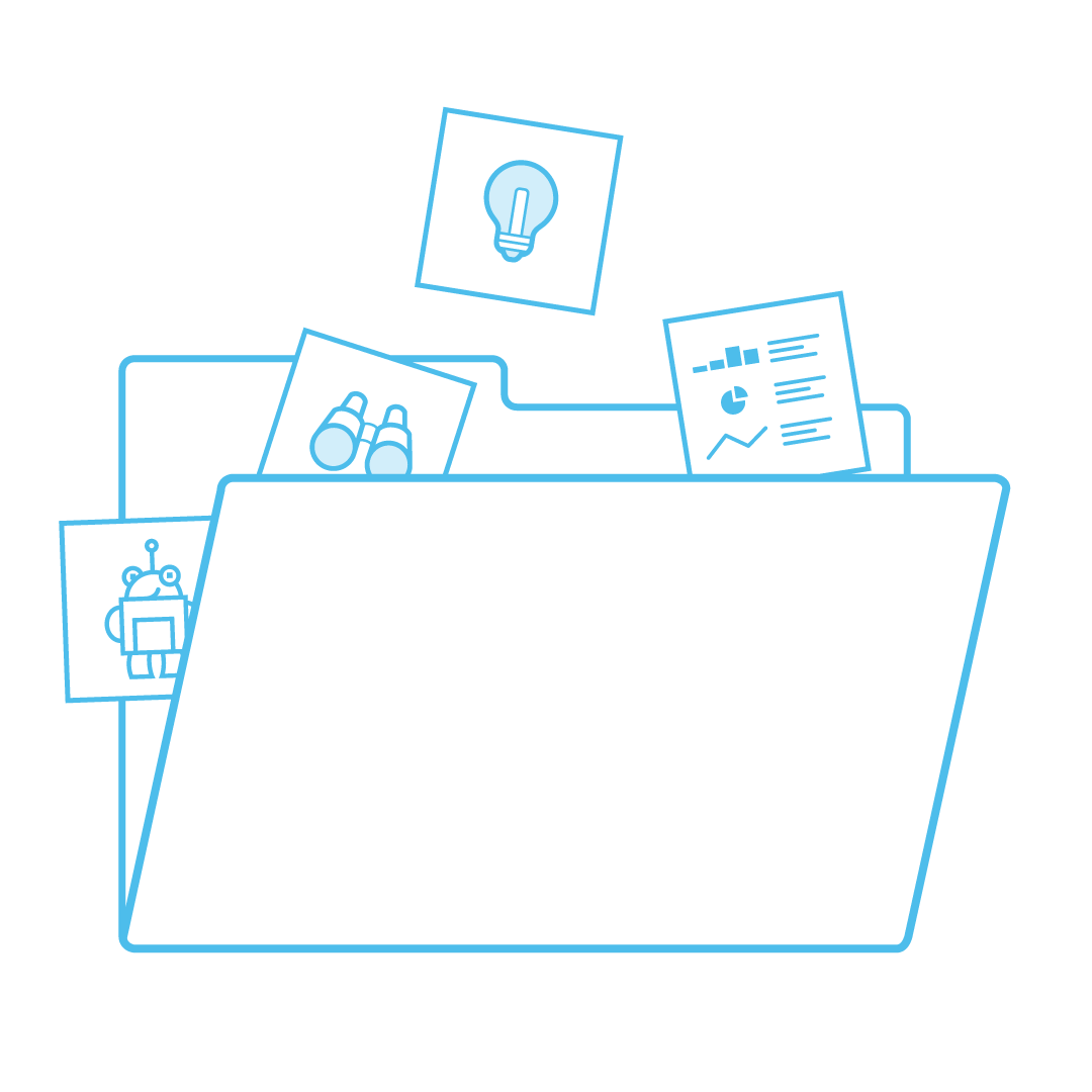 Collected ideas represented as icons on paper falling into a manila file folder.