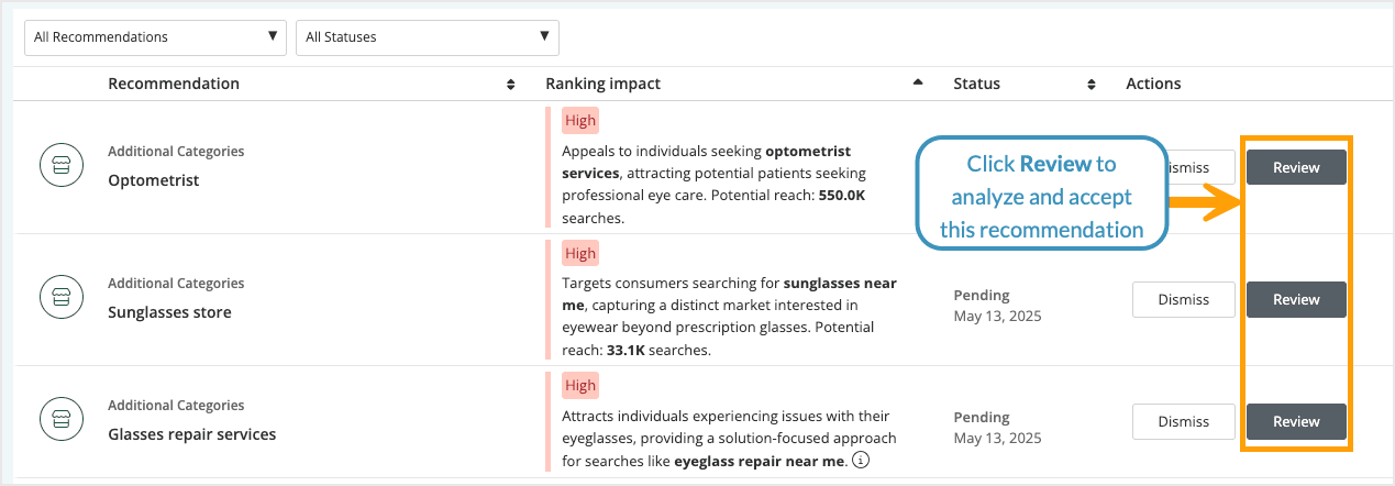 Screenshot of the single location view for recommendations in Listings AI.