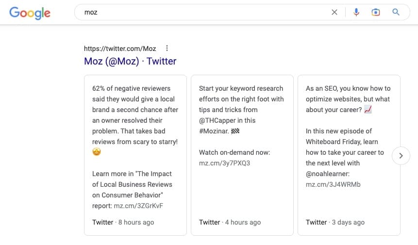 Search engine results page featuring the Moz Twitter account and the 3 most recent tweets.