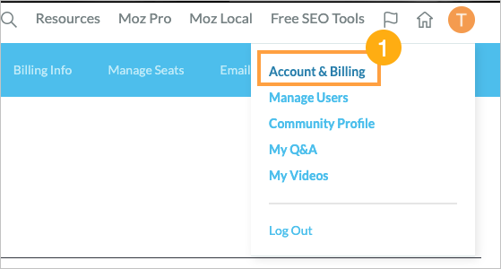 The account & billing option is available via the drop-down menu on the top right of a-moz.groupbuyseo.org.