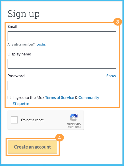 Community Profile sign up page with form asking for your email, unique display name, and password.