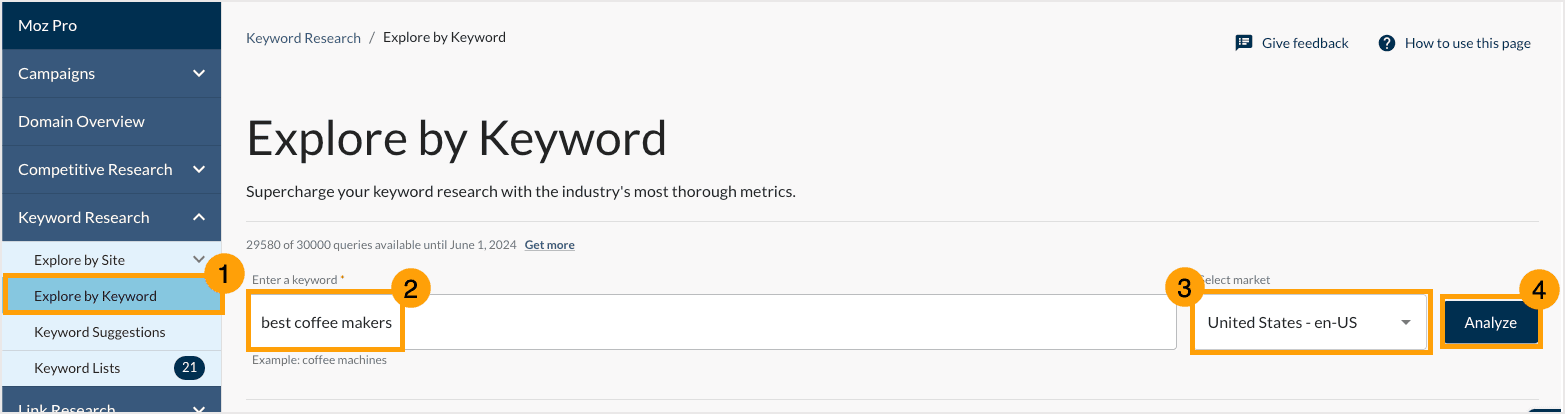 Screenshot of how to get started in Explore by Keyword.
