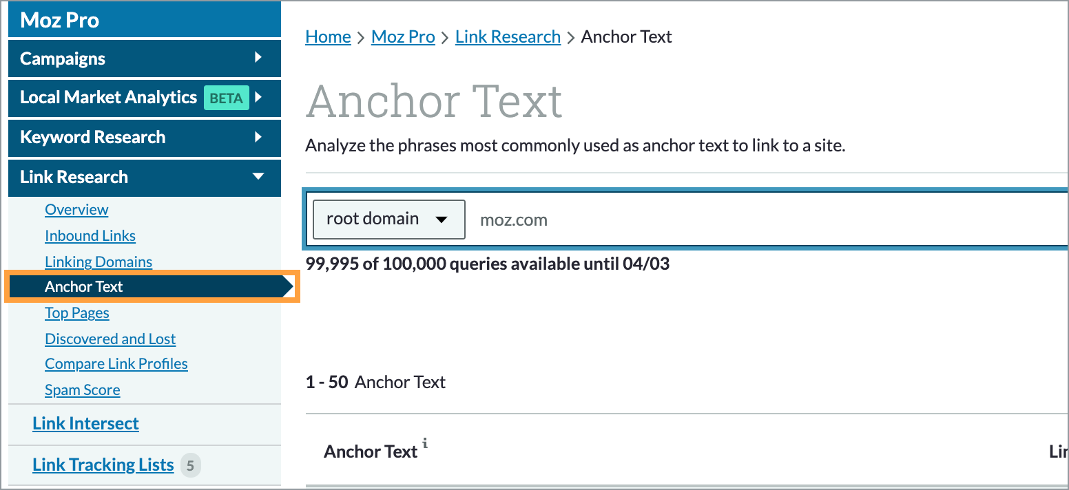Link Explorer anchor text menu location.