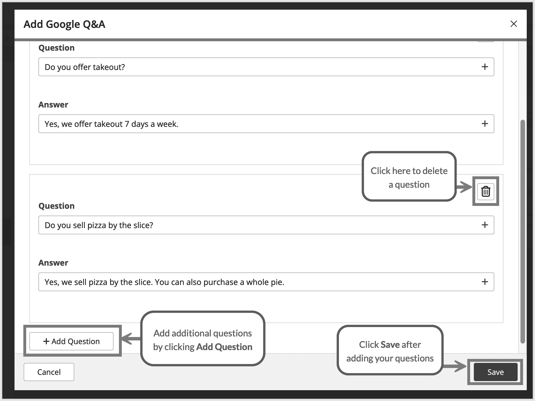 Screenshot of the Add Q&A pop up window.