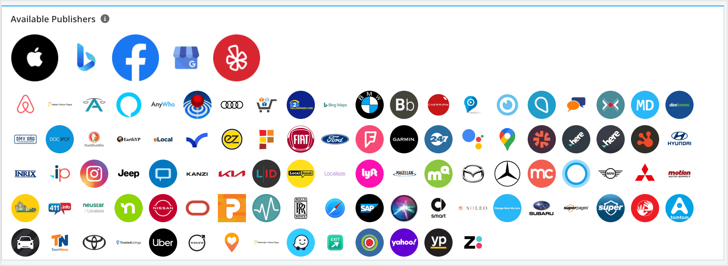 Screenshot of the available publishers section.