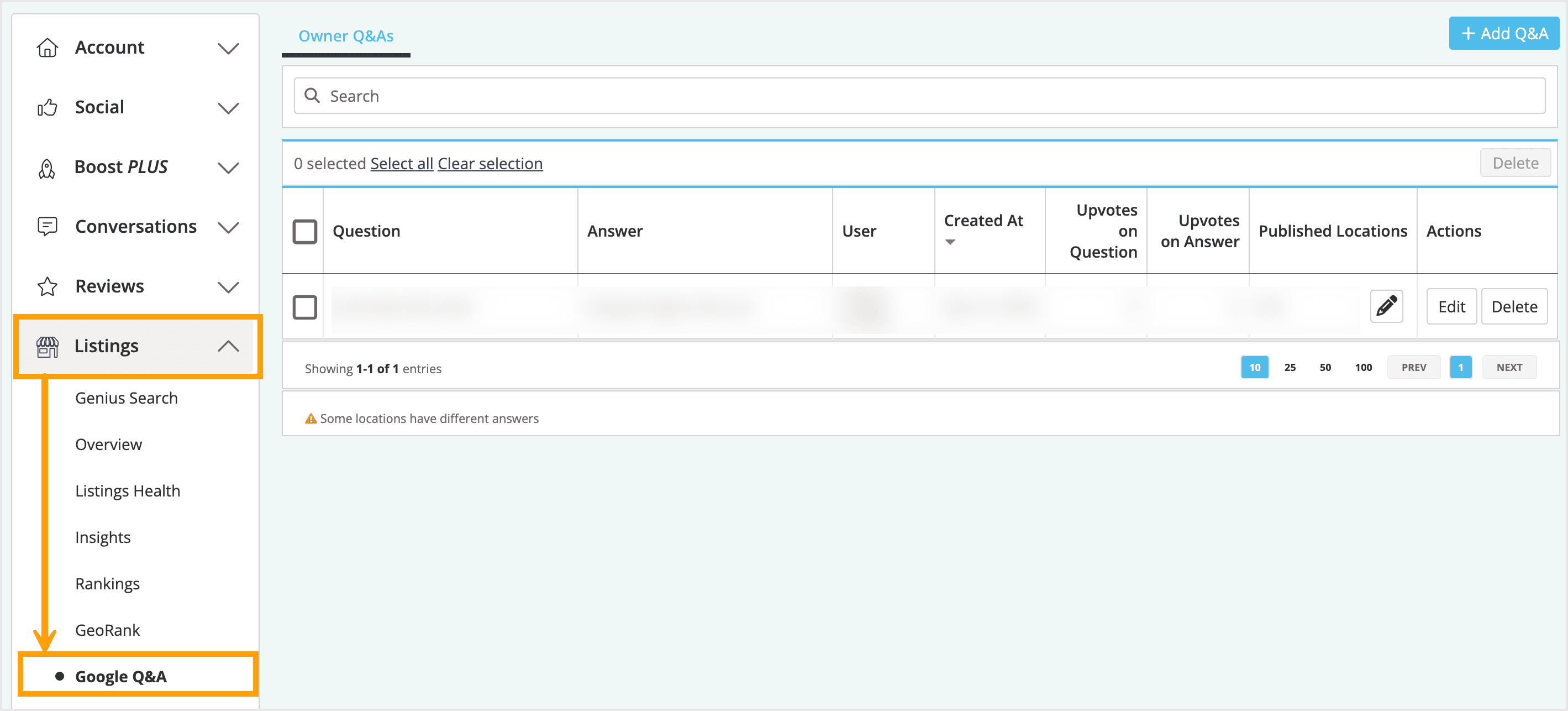 Screenshot of the Google Q&A section and where it is located in the navigation menu.