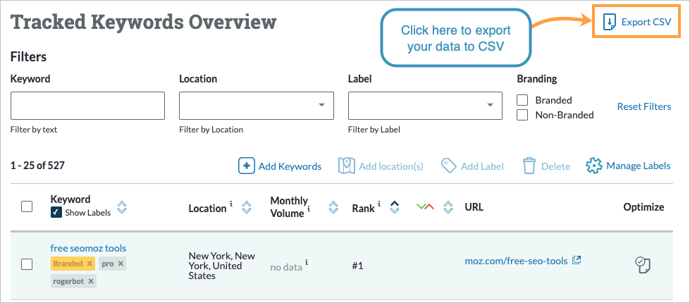 Export your rankings data to CSV using the button provided on the top right.