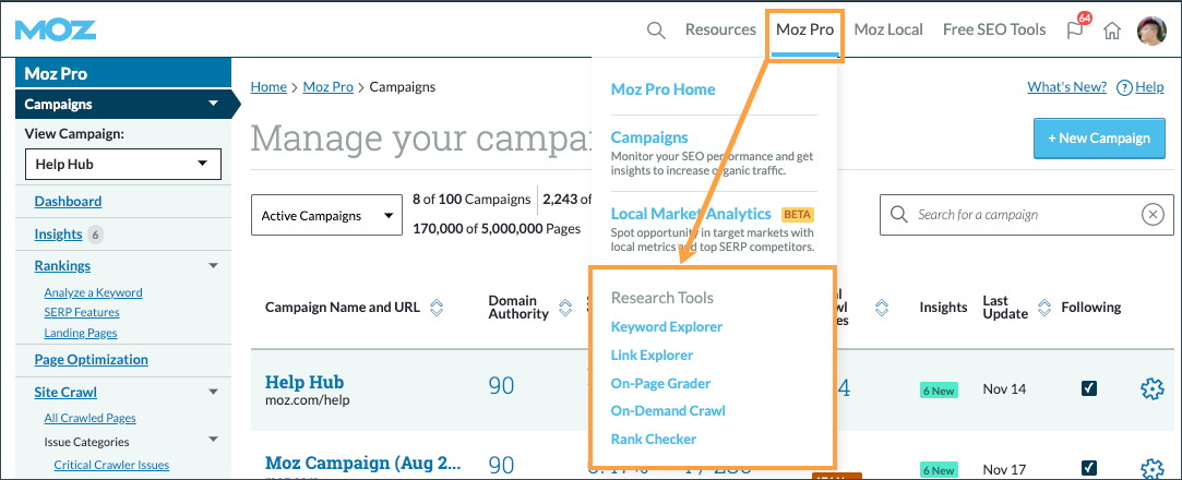 Location of the Research Tool links in the Moz Pro menu dropdown on the top right of a-moz.groupbuyseo.org.