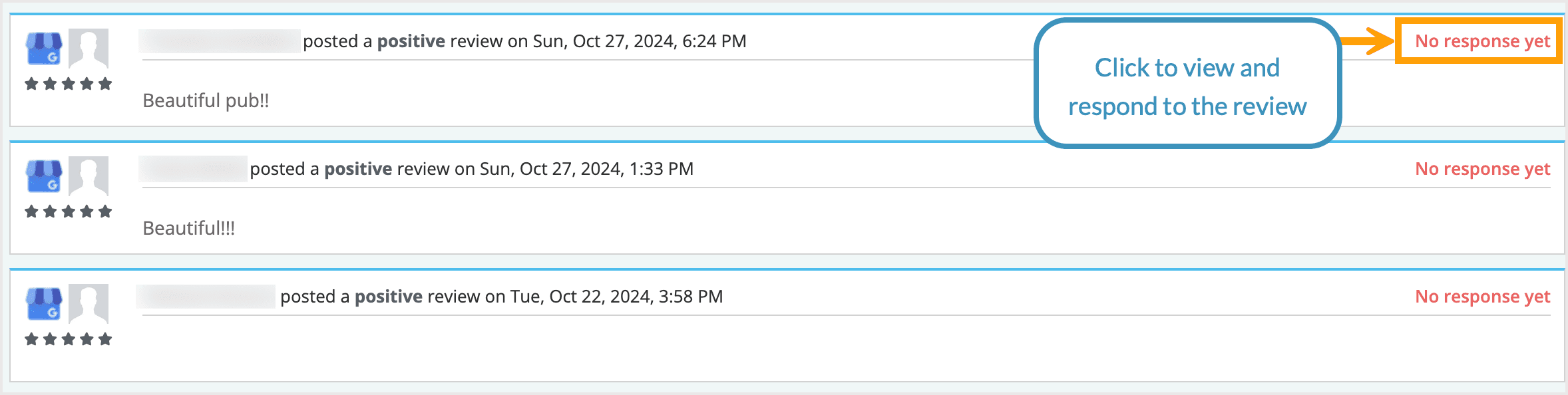 Screenshot of reviews awaiting a response.