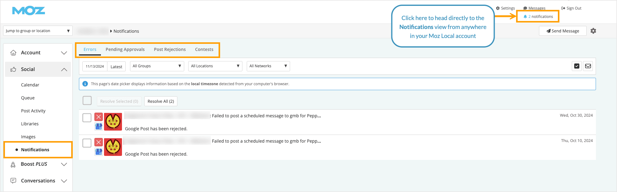 Screenshot of the Notifications section of the Social component of Moz Local.
