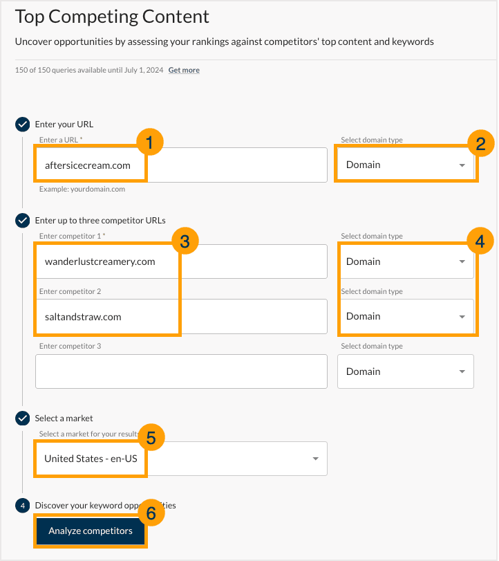 Screenshot of the Top Competing Content tool with the getting started steps numbered