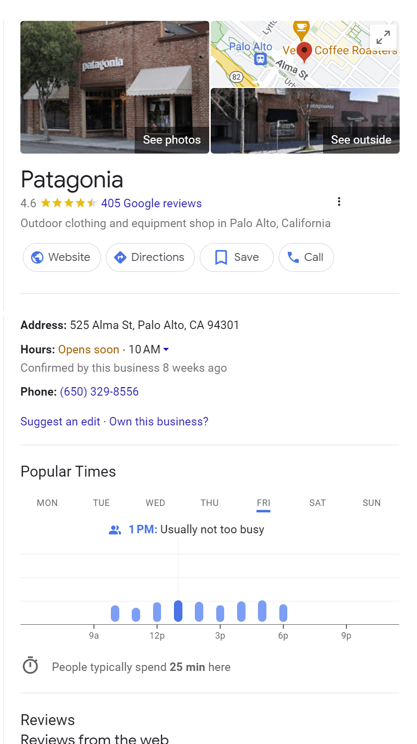 example of a google business profile for Patagonia.com