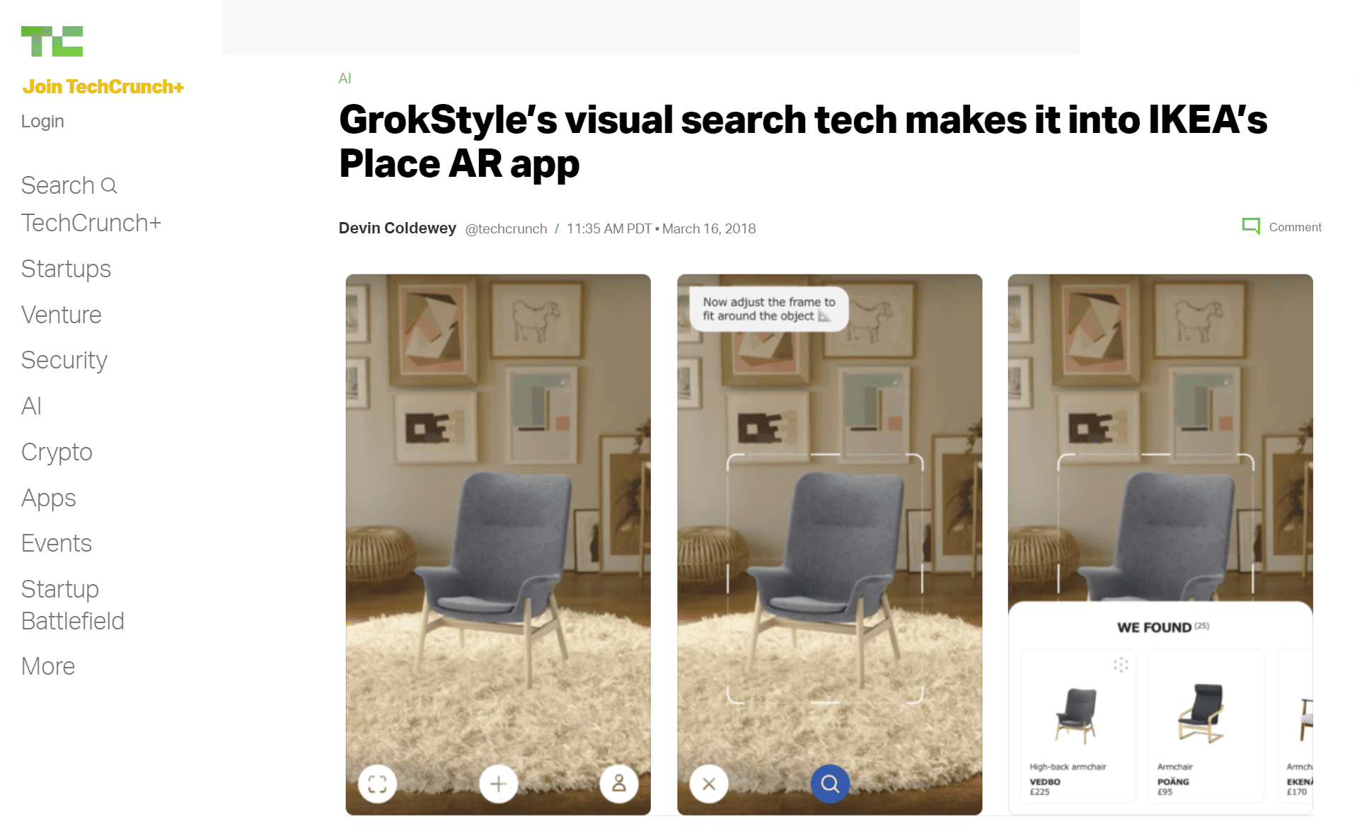 Screenshot of a 2018 article about Ikea's AR/visual search tech.